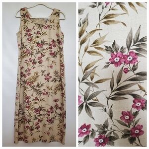 SHERI MARTIN LINEN DRESS WOMEN MAXI SLEEVELESS TAN FLORAL-DESIGN LINEN ( 12P )